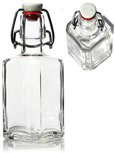 6 botellas de cristal cuadradas de 25 cl, tapón con bisagra, 6,5 cm x 6,5 cm, altura 15 cm