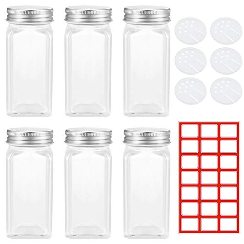 6 Piezas Tarros de Especias Cuadrados Botella de Cristal para Especias con 21 Hojas de Papel de Etiquetas Pequeñas de 34 x 27 mm Utilizado para el Almacenamiento de Especias