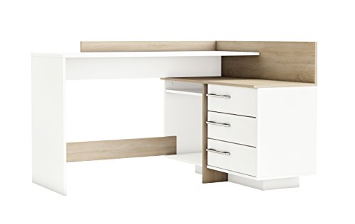 Abitti Mesa Escritorio con cajonera y Varios departamentos en Color Blanco Perla y Roble Cepillado de 128x83cm 2 Opciones de Montaje Abitti Mesa Escritorio con cajonera y Varios departamentos en Color Blanco Perla y Roble Cepillado de 128x83cm 2 Opciones de Montaje