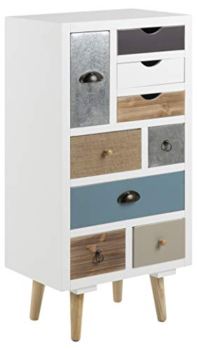 AC Design Furniture Cómoda Suwen Cajones Multicolores, Patas de Pino, Capa Transparente, 9 Piezas, Blanco, 48 x 32 x 98 cm