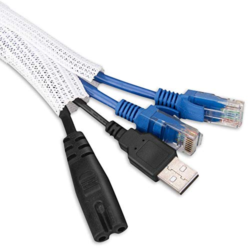 AGPTEK 3M Organizador de Cables, Canaleta para Cables Cierrra Automático, Revestimiento de Cable Tejido Recortable, Flexible, Diámetro 12 – 20 mm, Adecuado para Escritorio, TV, Suelo, Blanco
