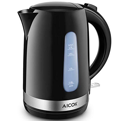 AICOK Hervidor eléctrico libre de BPA con ventana indicadora visible, mango táctil genial, apagado automático y tapa de bisagra con gran apertura [1.7 L] [negro]