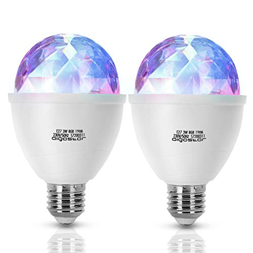 Aigostar Dsco - Bombilla LED giratoria 360º, E27, 3W, cambio de color RGB, luz estroboscópica, efecto bola de discoteca, perfecta para fiestas. No regulable, ángulo de apertura 180º. 2 PCS