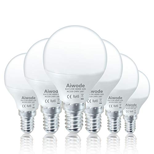 Aiwode Bombilla LED E14 Mini Globo G45,5.5W Equivalente a 40W,Blanco Neutra 4000K,470LM, RA80 180°Ángulo de haz,Paquete de 6.