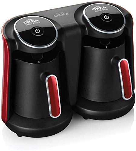 Arzum Okka Minio Duo, Máquina de café turco, capacidad de 1-8 tazas 2 potes, sistema de prevención de desbordamiento, cafetera lavable, sistema de alerta sonora, 880W(Negro-Rojo)