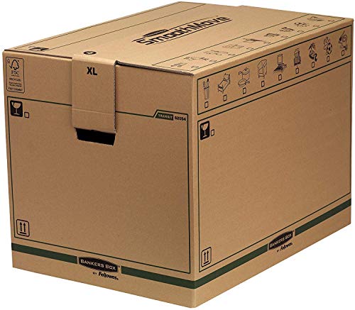 BANKERS BOX SmoothMove Cajas de transporte y mudanza súper resistentes, doble espesor, con asas, no necesita cinta de embalar, montaje automático FastFold, 127 litros, 45.5 x 60.5 x 45.5 cm, pack de 5