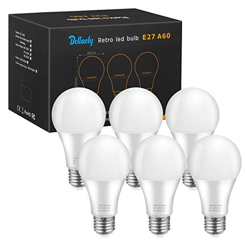 Bellaely Bombillas LED esférica E27, 12W Equivalente a 100W incandescencia, Luz Blanca Fría 6500K, 1200 lúmenes, A60 lámpara de ahorro de energía de haz de 280°, No regulable - 6 unidades