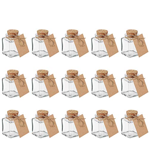Belle Vous Bote Cristal Tapon Corcho (Pack de 15) -Mini Botellas de Cristal 45ml con Cordel y Etiqueta Papel Kraft - Mini tarros Perfecto para Regalos Bodas Bote Pequeño Cristal Manualidades