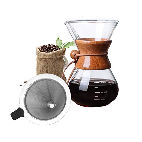 Bestcool Cafetera para verter, 400 ml manual de goteo de café con filtro de acero inoxidable, jarra de vidrio de borosilicato con funda de madera real, no necesita filtros de papel