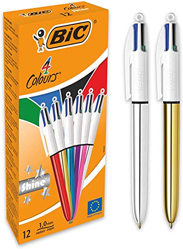 BIC 4 colores Shine - Caja de 12 unidades, bolígrafos punta media (1,0 mm), diseño metalizado en colores surtidos