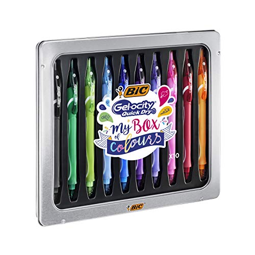 BIC My Box of Colours Gel-ocity Quick Dry bolígrafos de Gel de punta media (0,7 mm) - Varios colores, Caja Metálica de Regalo con 10 Uds.