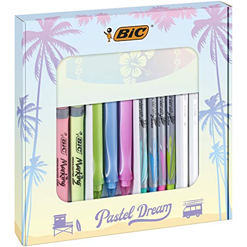 BIC Pastel Dream Kit - 3 Bolígrafos Gel-ocity Quick Dry/4 Rotuladores Intensity Medium/4 Marcadores Pastel/ 4 Bolígrafos/ 1 Cuaderno - Caja de Regalo con 16 uds.