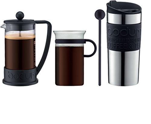 Bodum - K10948-01 - Coffe Set - Set de café - cafetera 3 Tazas - 0,35 l + mug de Viaje - 0,35 l + 1 Taza de Cristal - 0,3 l + 1 charilla - Color Negro