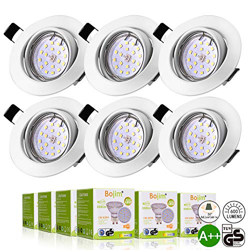 Bojim Pack de 6 Foco Empotrable Led Gu10 Luz de Techo 6W equivalente a Halogeno 54W Incluye Bombilla GU10 Blanco Cálido 2800K 600Lm Ojos de Buey Redondo Blanco Esmerilado Ángulo Orientable 30°