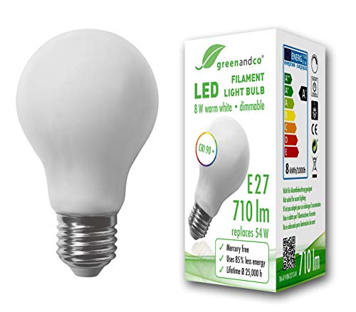 Bombilla de filamento LED greenandco® IRC 90+ regulable E27 opaca 8W (corresponde a 54W) 710lm 2700K (blanco cálido) 360° 230V AC vidrio, sin parpadeo