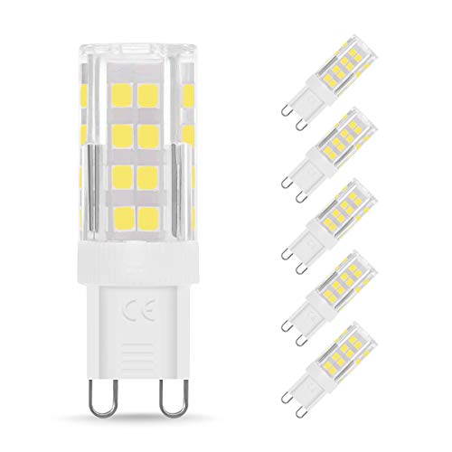 Bombilla LED G9 de 4W Equivalente a 40W Lampara Halógena, Blanco Frío (6000k), 400LM, No regulable, Sin parpadeo, Sin Estroboscópico, 360 Grados, lámpara g9 para iluminación del hogar, paquete de 5 Bombilla LED G9 de 4W Equivalente a 40W Lampara Halógena, Blanco Frío (6000k), 400LM, No regulable, Sin parpadeo, Sin Estroboscópico, 360 Grados, lámpara g9 para iluminación del hogar, paquete de 5
