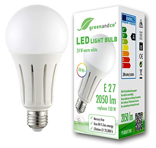 Bombilla LED greenandco® IRC 90+ E27 24W (corresponde a 150W) opaca 2050lm 3000K (blanco cálido) 270° 230V AC, sin parpadeo, no regulable