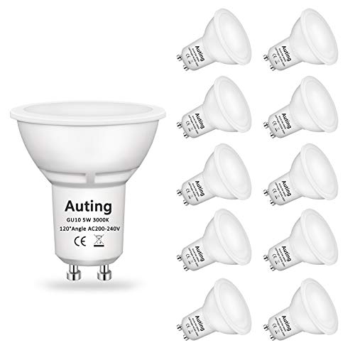 Bombilla Led GU10 Blanco Cálido (3000K), Auting 5W 470 Lúmenes Led GU10 Reemplazo de Bombillas Halogenos 50W, ángulo de haz de 120 °, CRI> 82, 220-240VAC, 10 piezas