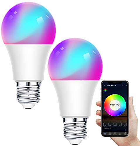 Bombilla LED Inteligente WiFi,Regulable 12W E27 Bombilla LED Luz,RGB Multicolor Bombilla Funciona con Alexa,Google Home,IFTTT,Control Remoto por Aplicación,2 Pack[Clase de eficiencia energética A+]