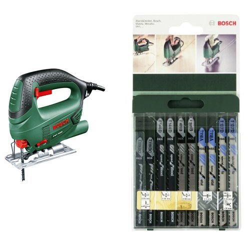 Bosch 0.603.3A0.700 Sierra de calar con maletín 240 V, Negro/Verde 500 W & 2 609 256 746 - Juego de hojas de sierra de calar de 10 piezas vástago en T