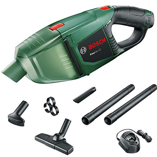 Bosch Aspirador manual a batería EasyVac 12 (12 V, Power for all, Cargador, Caja de cartón, 2,5 Ah, 3 boquillas, 2 prolongaciones de tubo, Equipo filtrante, Capacidad de colector de polvo 380 ml)