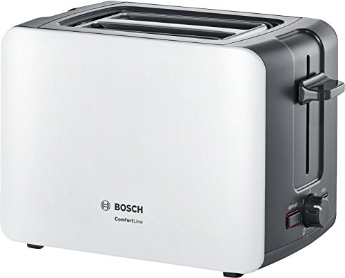Bosch TAT6A111 - Tostadora de 2 ranuras largas, 1090 W, calienta-panecillos, color gris pardo y blanco