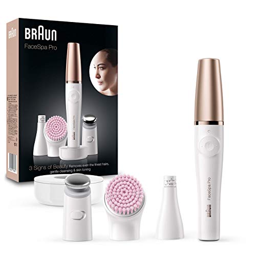 Braun FacEspa Pro SE912 Depiladora Facial Todo en Uno para Mujer, Incluida una Depiladora Facial y Cepillo Limpiador Suave, Blanco/Bronce