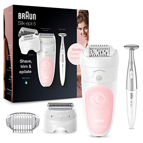 Braun Silk-épil 5 5-820 Depiladora mujer eléctrica, depilación suave para principiantes, cabezal de rasurado y recorte, pinzas micro-grip, blanco/rosa