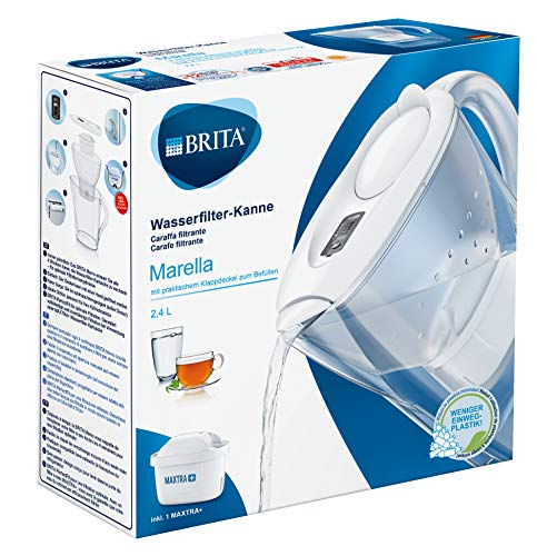 BRITA Marella blanca – Jarra de Agua Filtrada con 1 cartucho MAXTRA+, Filtro de agua BRITA que reduce la cal y el cloro, Agua filtrada para un sabor óptimo, 2.4L