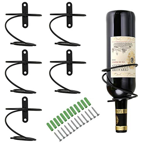 BSTKEY Juego de 6 soportes para botellas de vino de hierro montados en la pared, soporte para botellas de vino tinto para bebidas y licores, organizador colgante de metal, soporte en espiral