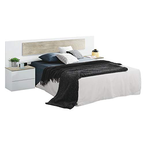 Cabezal y 2 Mesitas de Noche, Cabecero y Mesitas, Modelo Aikos, Acabado en Blanco Artik y Roble Alaska, Medidas: 263 cm (Largo) x 92 cm (Alto) x 34 cm (Fondo) Cabezal y 2 Mesitas de Noche, Cabecero y Mesitas, Modelo Aikos, Acabado en Blanco Artik y Roble Alaska, Medidas: 263 cm (Largo) x 92 cm (Alto) x 34 cm (Fondo)