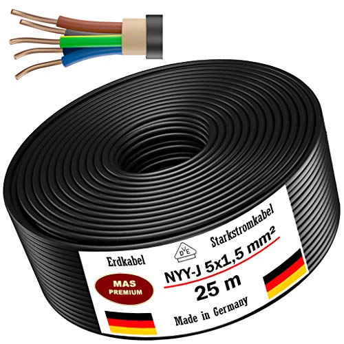 Cable de alimentación subterráneo, 25 m o 50 m, NYY-J 5 x 1,5 mm², cable eléctrico anillo para instalación al aire libre, tierra (25 m)