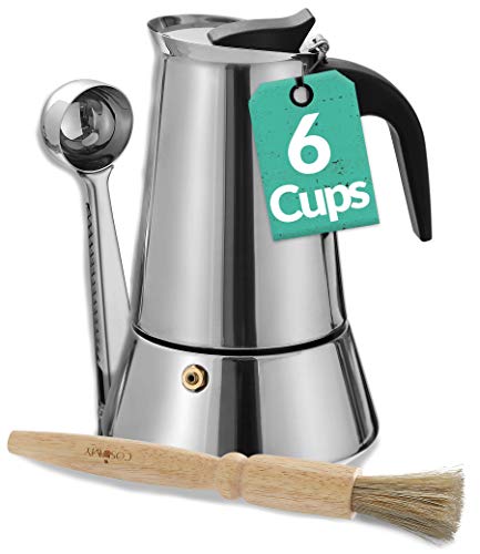 Cafetera Italiana para 6 Tazas - Con Pincel de Limpieza y Cuchara Dosificadora - Apta para Inducción - Acero inoxidable