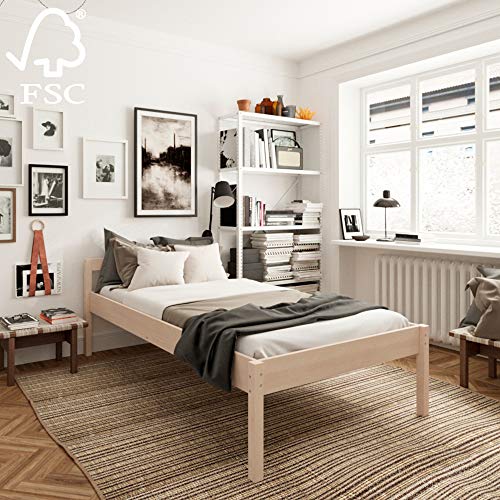 Cama Alta de Madera 120x200 cm - Hasta 350kg - Bastidor de Cama de Madera Maciza de Abedul sin Tratar Natural Robusta con Certificación FSC - Cama Individual de Madera con Cabecero y Somier de Láminas Cama Alta de Madera 120x200 cm - Hasta 350kg - Bastidor de Cama de Madera Maciza de Abedul sin Tratar Natural Robusta con Certificación FSC - Cama Individual de Madera con Cabecero y Somier de Láminas