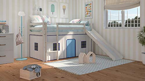 Cama Alta Para Niños Con Tobogan y Escalera De Madera de Pino Color Blanco Decapé Cama Alta Para Niños Con Tobogan y Escalera De Madera de Pino Color Blanco Decapé