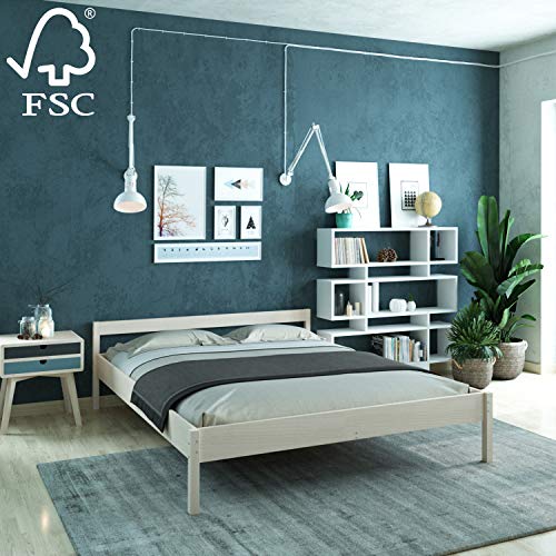 Cama de Madera Maciza 180x200 cm - hasta 300 kg - Bastidor de Cama de Madera de Abedul sin Tratar Natural Robusta con Certificación FSC - Cama Matrimonial de Madera con Cabecero y Somier de Láminas