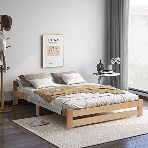 Cama doble de 140 x 200 cm, con somier, cama para personas mayores, de madera natural Cama doble de 140 x 200 cm, con somier, cama para personas mayores, de madera natural