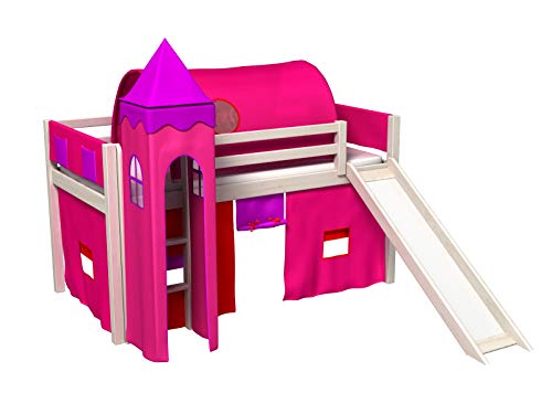 Cama infantil 90x200cm, con tobogan para la parte alta, con torre y tunel, cortina, somier para colchon
