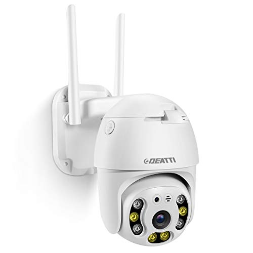 Cámara IP PTZ para exterior, WiFi, DEATTI 1080P, cámara de vigilancia, WiFi, audio bidireccional, detector de movimiento, 20 m de visión nocturna, IP66, soporta tarjeta SD de 128G (sin incluir)