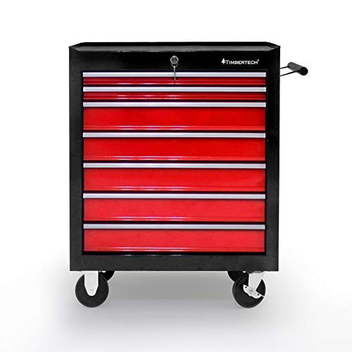 Carro de Taller - con 7 Cajones, 61.5 x 33 x 77.5, Construcción de Acero, con Cerradura, Rojo-Negro - Gabinete de Herramientas Móvil