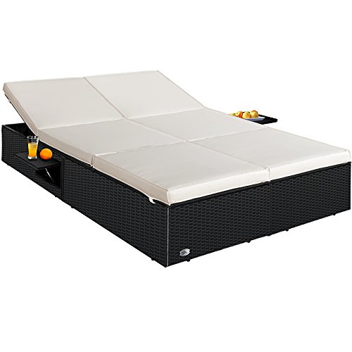 Casaria Tumbona doble de poliratán Negro con Cojines y dos mesas plegables respaldo reclinable 116x193cm Casaria Tumbona doble de poliratán Negro con Cojines y dos mesas plegables respaldo reclinable 116x193cm