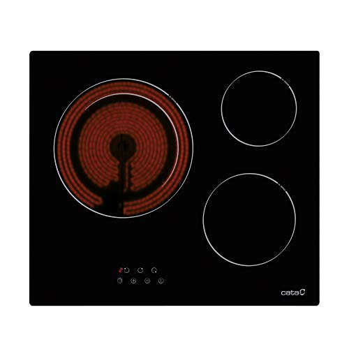 Cata BK Placas Vitrocerámica | Modelo TD 6003 | 3 Zonas de Cocción High Light | Ancho de 59 cm | 9 Niveles Regulables | Potencia Total 5,4kW | Color Negro, 1800 W, Cerámica