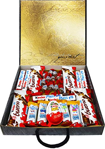Cesta Regalo Kinder Chocolates, Contiene Kinder Chocobons, Kinder Bueno, Kinder Maxi, Kinder Joy y Kinder Happy Hippo. Todo dentro de una Cesta Dorada para un Regalo Original. Cesta Regalo Kinder Chocolates, Contiene Kinder Chocobons, Kinder Bueno, Kinder Maxi, Kinder Joy y Kinder Happy Hippo. Todo dentro de una Cesta Dorada para un Regalo Original.