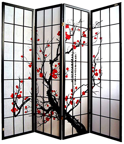 cinius Pantalla de Madera y Papel de arroz con 4 Puertas. Modelo Cherry Color Negro cinius Pantalla de Madera y Papel de arroz con 4 Puertas. Modelo Cherry Color Negro