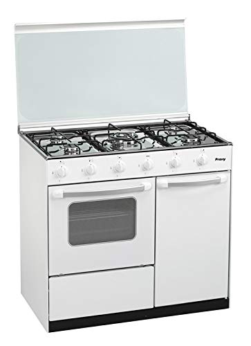 Cocina portabombona 90 cm de ancho con horno PROXY, color blanco, 5 fuegos (incluye 1 Triple Fuego) y horno con grill a gas (butano o natural). Cocina portabombona 90 cm de ancho con horno PROXY, color blanco, 5 fuegos (incluye 1 Triple Fuego) y horno con grill a gas (butano o natural).