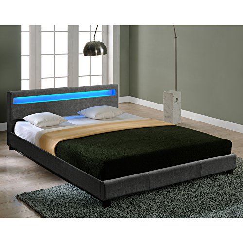 Corium Cama Moderna de Tela, LED - Cama de Matrimonio 140x200cm - Gris Oscuro