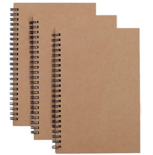 Cuaderno en Espiral Forro A5, 3 Unidades Bloc de Notas Tapa Blanda Cubierta de Kraft,100 páginas/50 hojas Libretas, Planificador Perfecto para Viajar (Marrón)