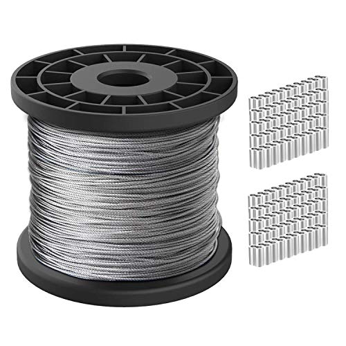 Cuerda de alambre de 1/16, cable de acero inoxidable 304, cable de avión de 100 m de longitud, núcleo de 7 x 7 hilos, resistencia a la rotura de 167 kg con 100 abrazaderas de aluminio engarzado