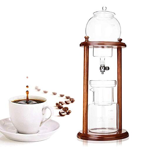 DBSCD Cafetera de café con Goteo de café Helado, Máquina de cafetera de café con Goteo de Agua de Madera Herramientas de Filtro de Vidrio Reutilizables 600 ml