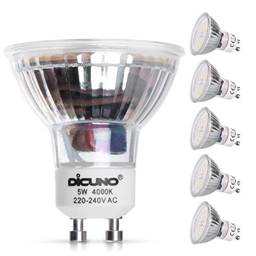 DiCUNO Bombilla LED GU10, 5W, 500LM, Blanco neutro 4000K, Equivalente de halógeno 50W, Bombilla para foco LED GU10, No regulable, 220-240V, Ángulo de haz 120 °, 6 Piezas